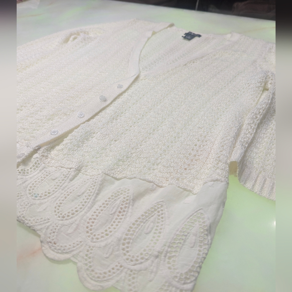 Lauren Michelle Cream Textured Knit Cardigan Eyelet Hem – Romantic Cottagecore